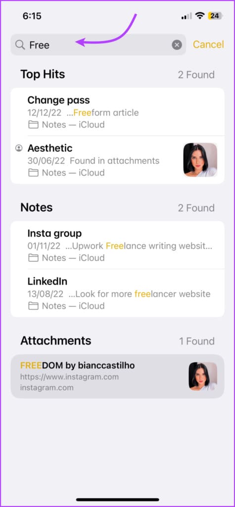 Search for missing notes on iPhone