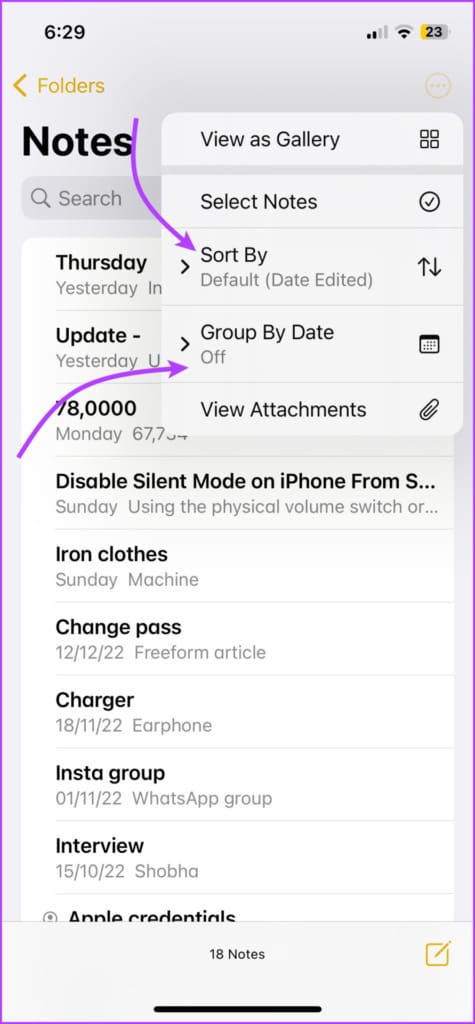 Select Group by Date or Sort By to organize notes in a folder 
