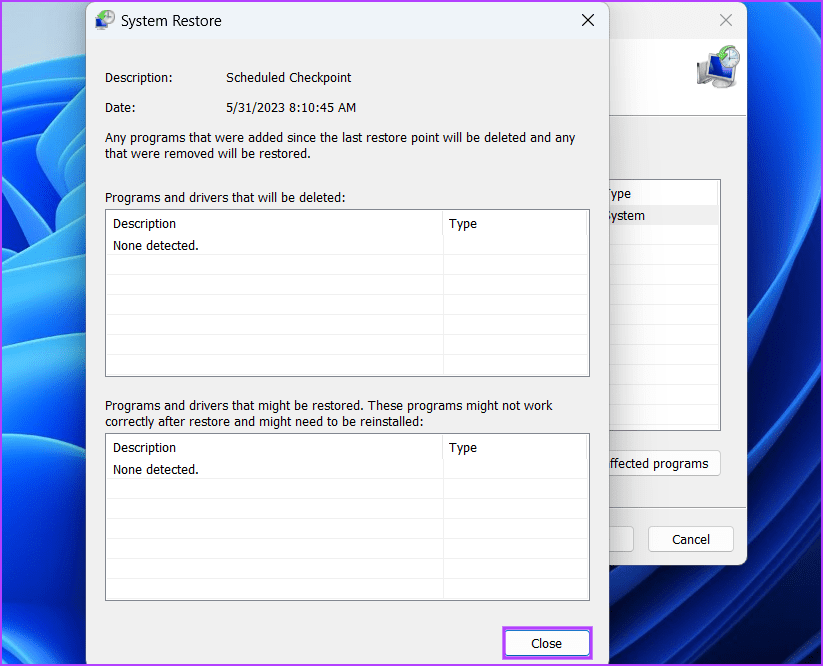 scan for affected programs in system restore