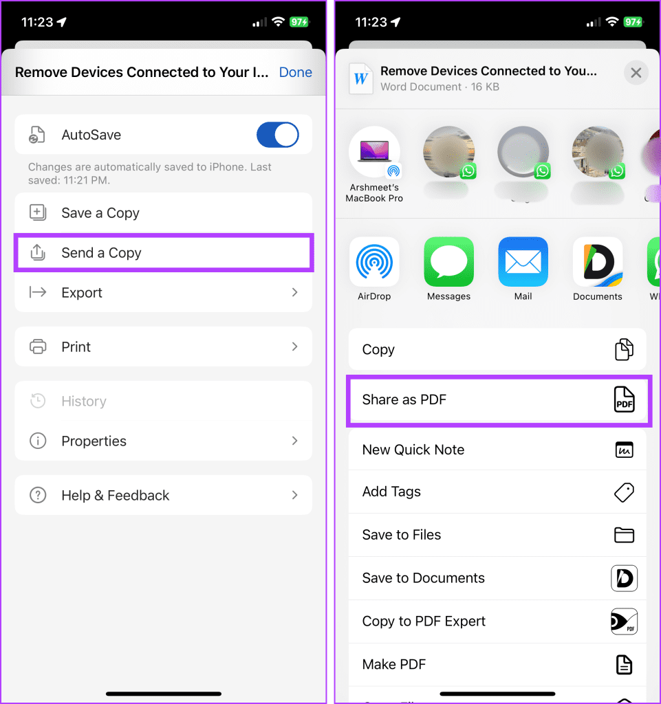 Select Send as Copy and then Share as PDF 