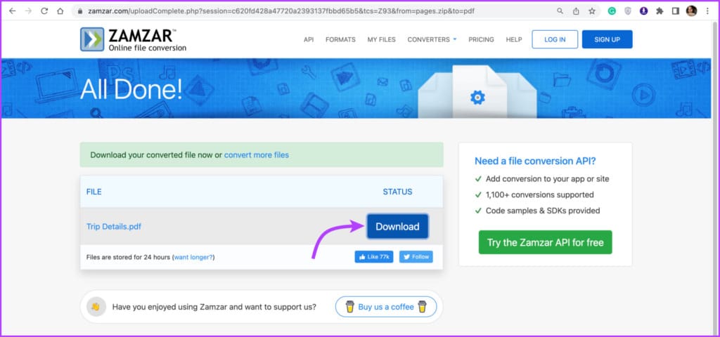 Click Download to get the converted Pages to PDF file