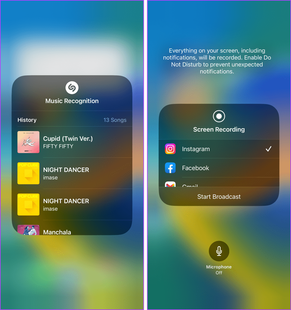 Options for Shazam and Screen Recording