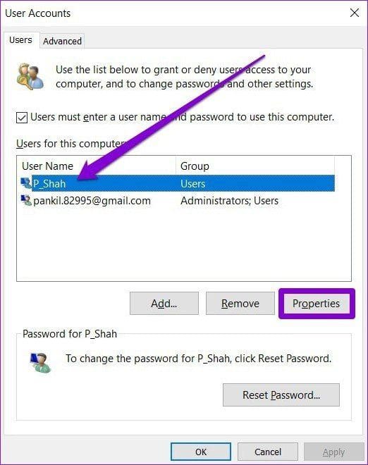 User Accounts Window
