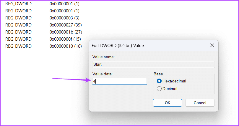 Value data of Start key