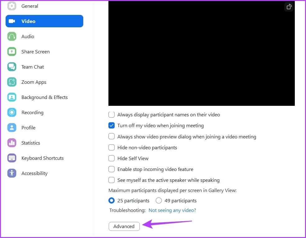 Video Advanced option on Zoom