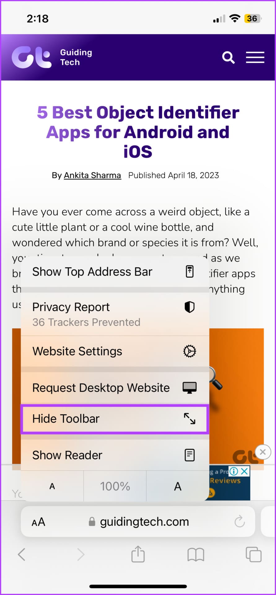 Tap Hide Toolbar 