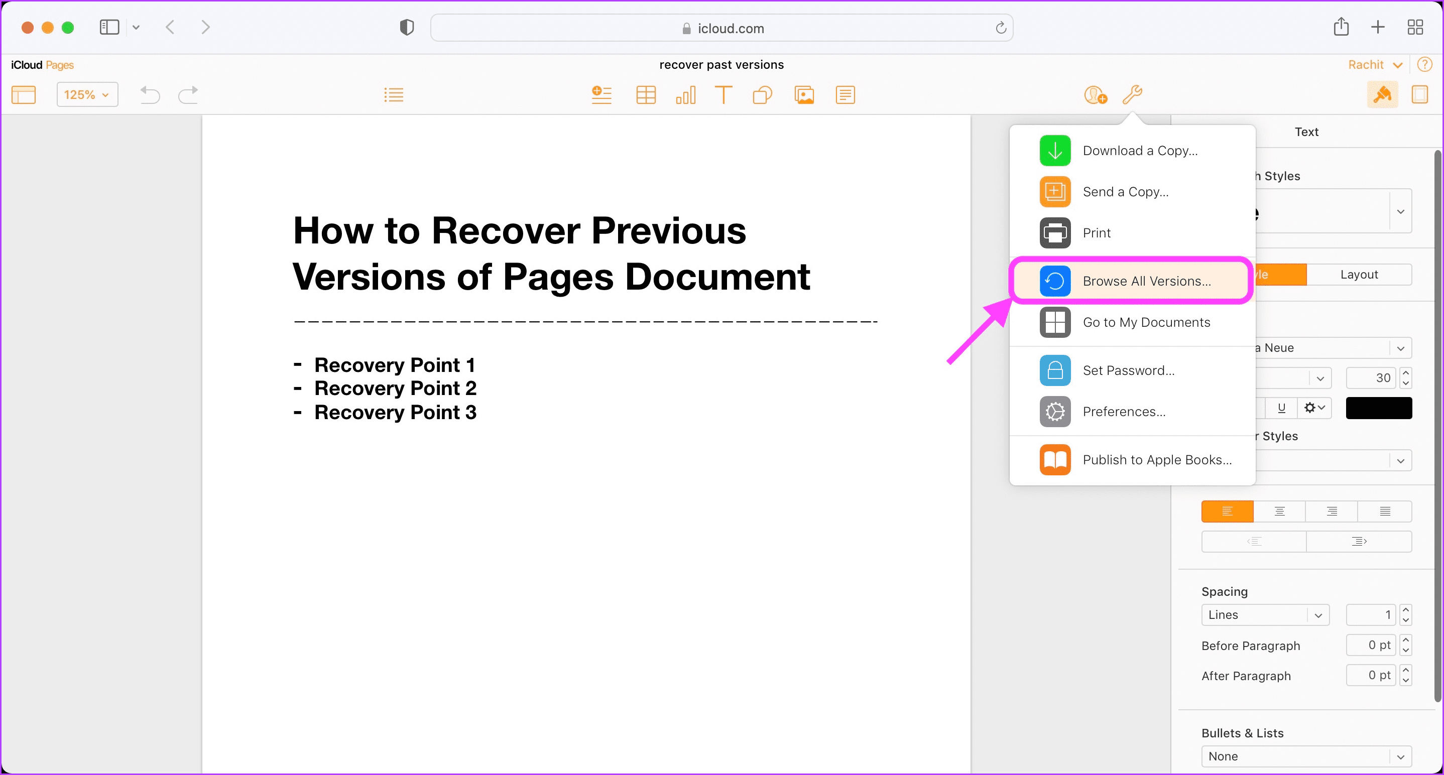 View and Restore Previous Versions of Pages Document in iCloud 5