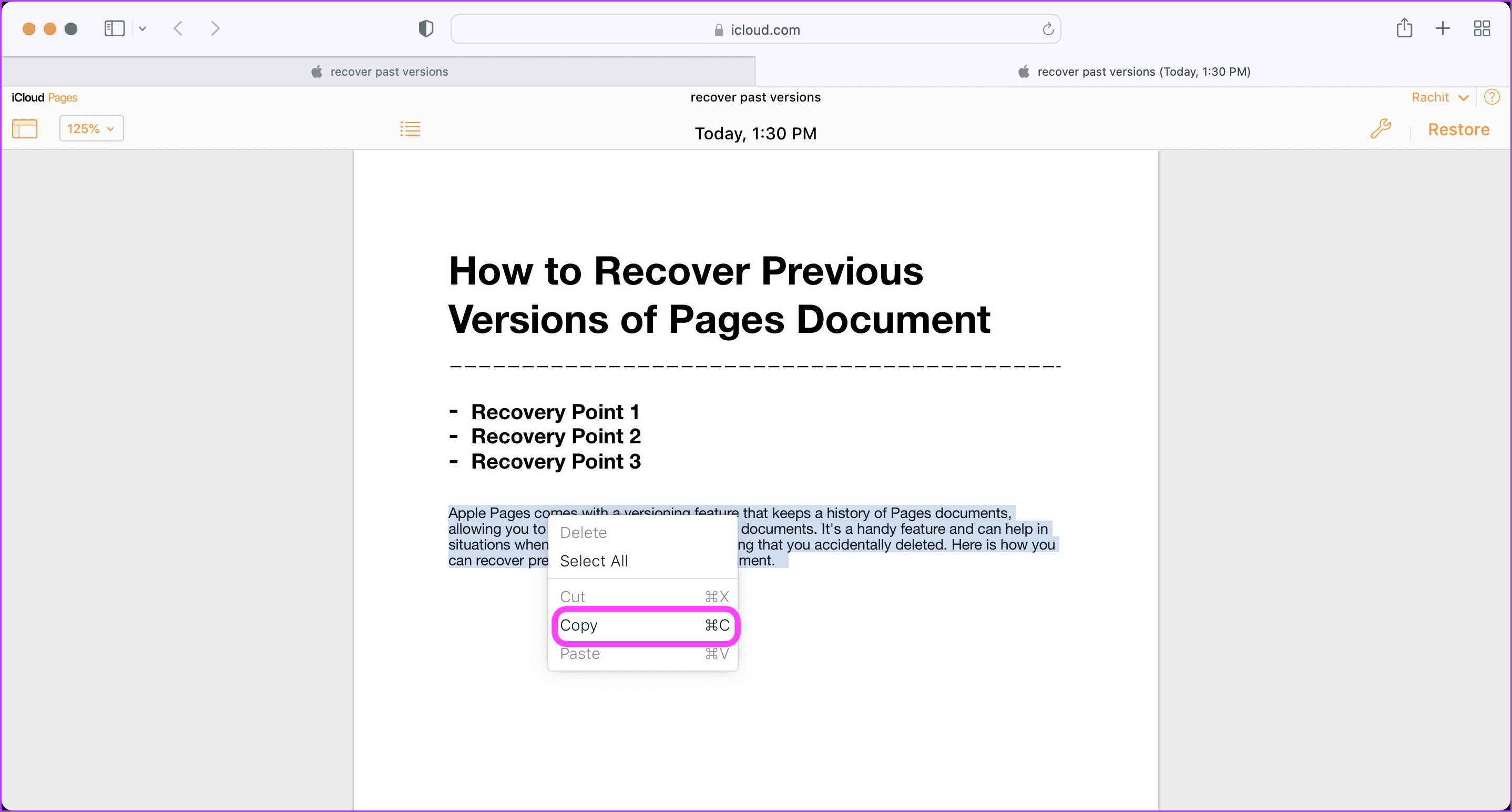View and Restore Previous Versions of Pages Document in iCloud 9