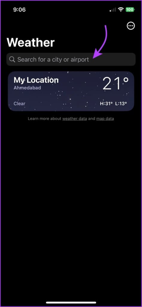 Search for the location in the weather app
