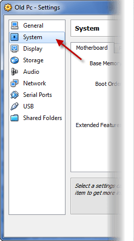 Virtual Box System Tab