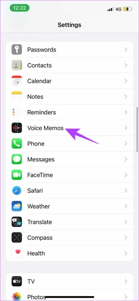 Voice Memos in Settings