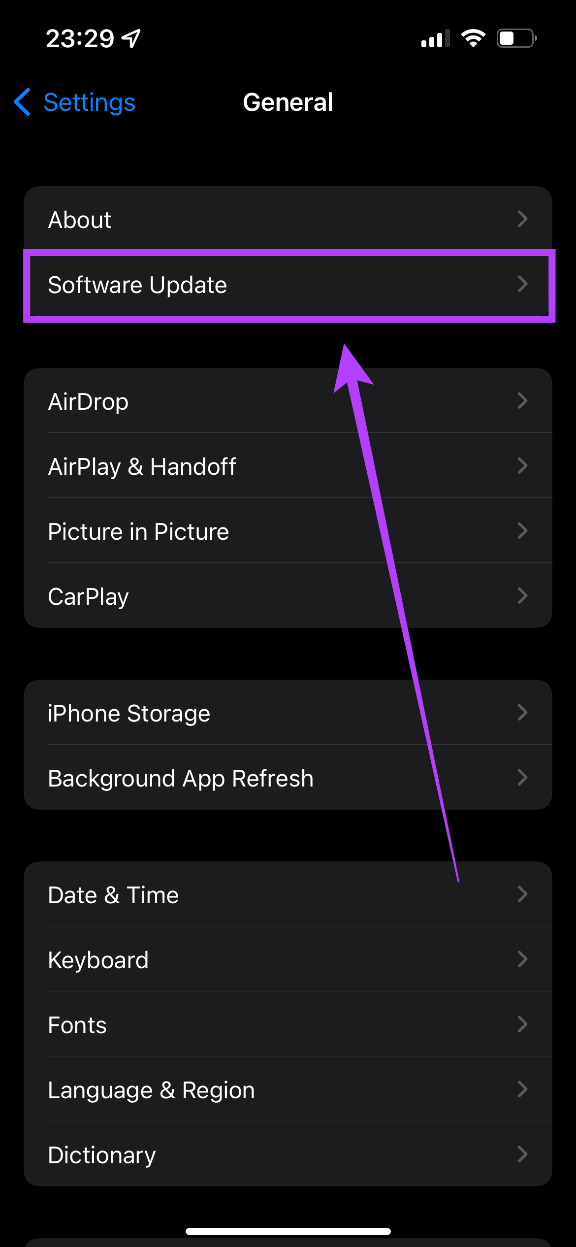 Software update in Settings
