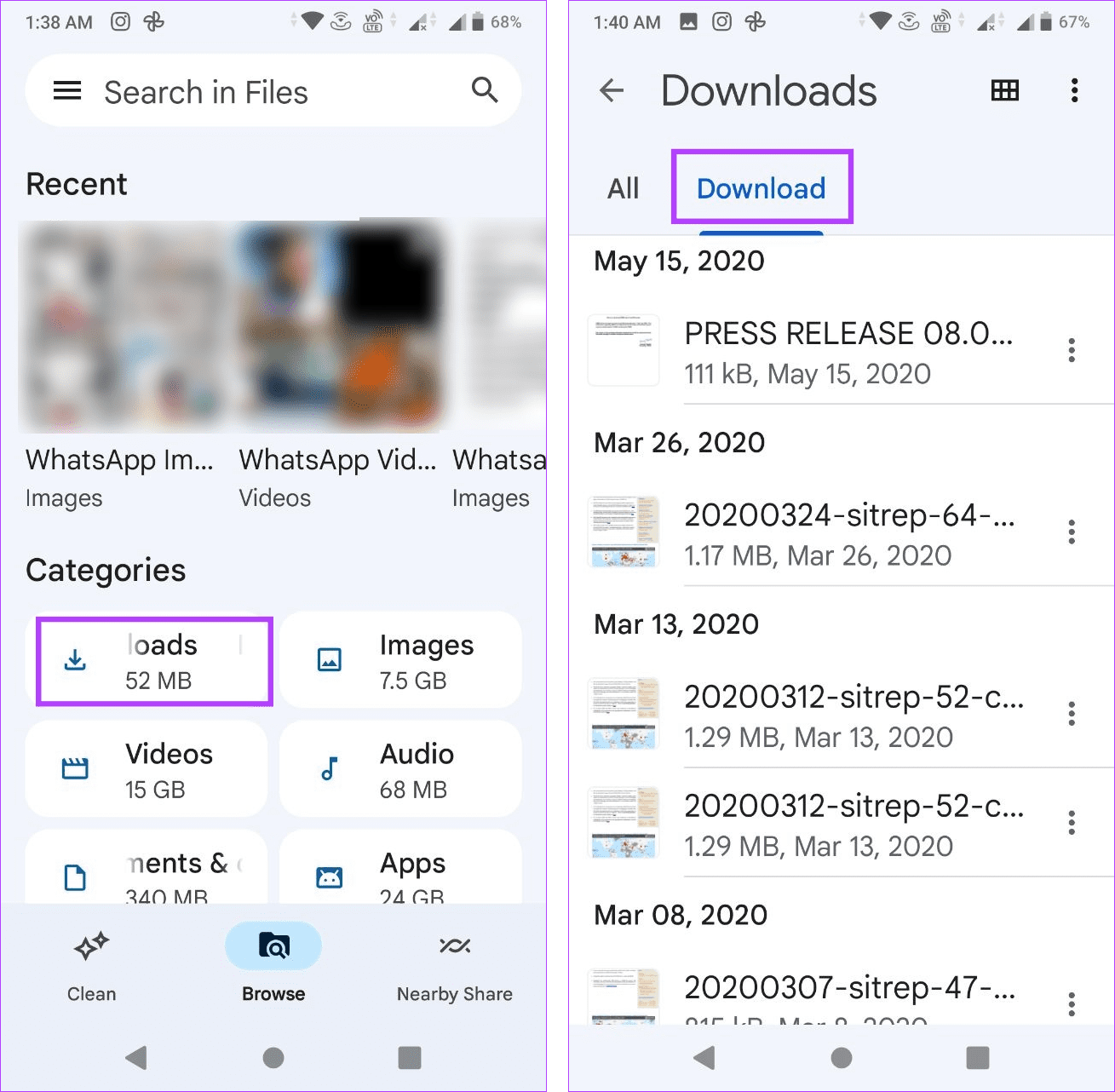 Open downloads on Google Files