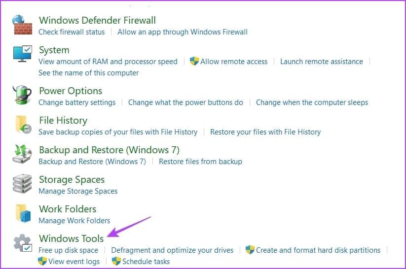 Window tools option in control panel
