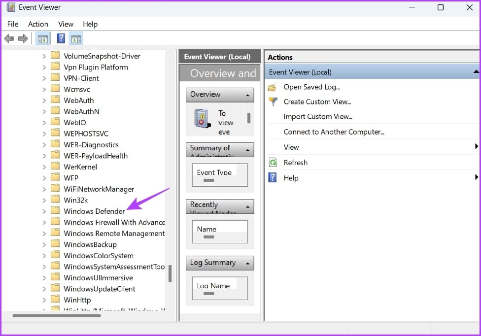 Windows Defender folder in Event Viewer
