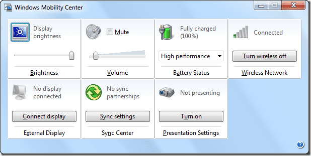 Windows Mobility Center