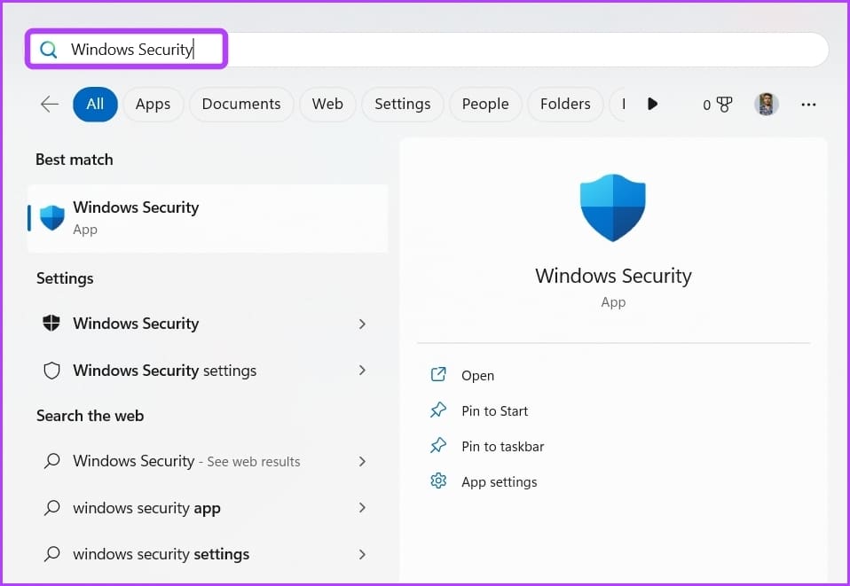 Windows Security in Start Menu