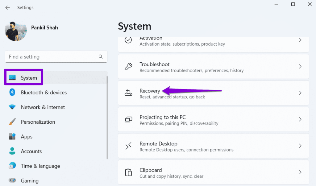 Windows Settings App Recovery Section