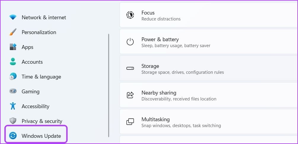 Windows Update option in Settings app 