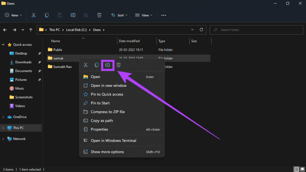 Rename option for user folder