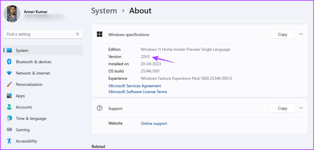 Windows specifications section in Settings