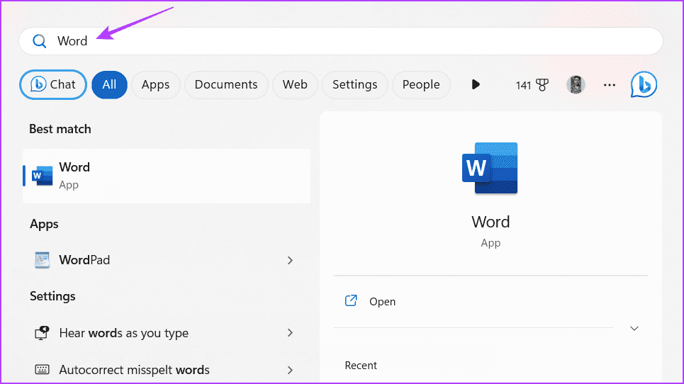Word in the Start menu
