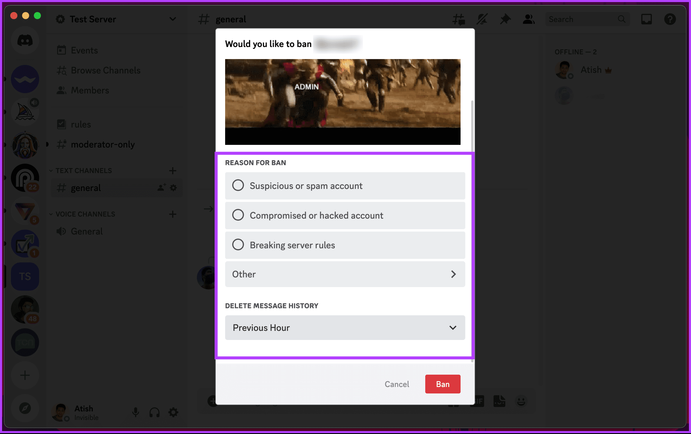 Would you like to ban username pop up