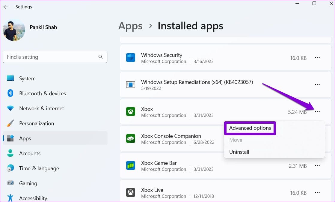 Xbox App Advanced Options on Windows