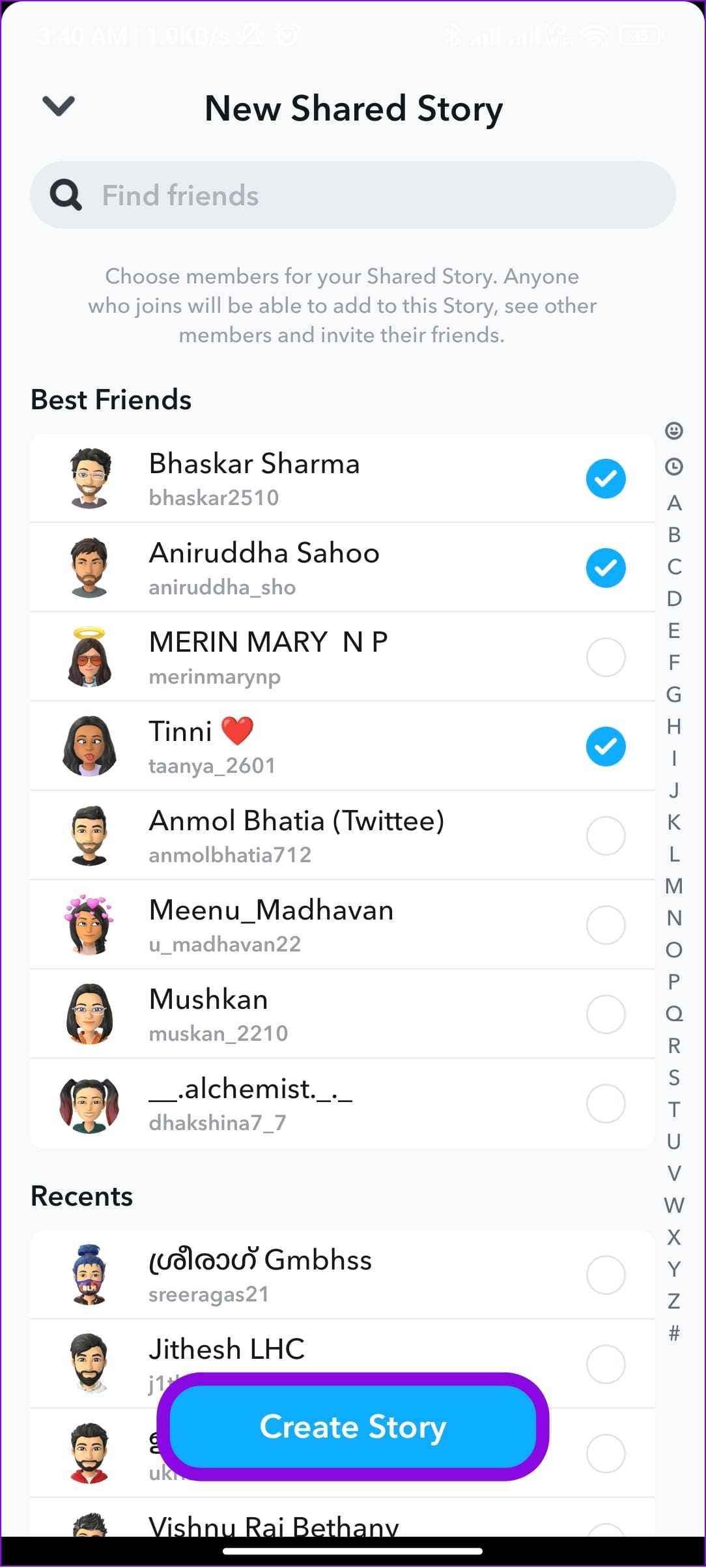 add friends and choose create story