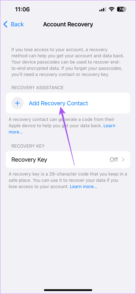 add recovery contact settings iphone