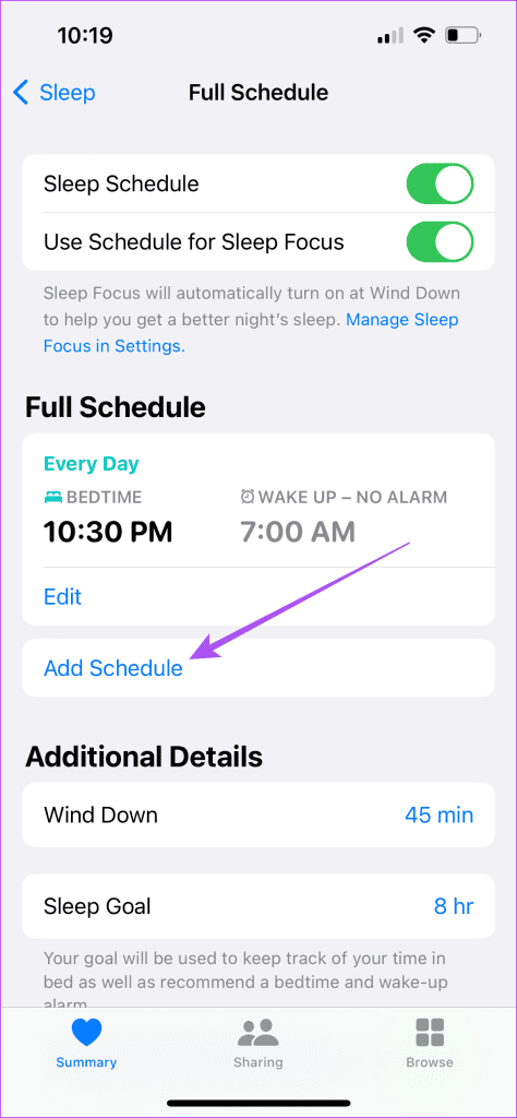 add schedule to sleep health app iphone