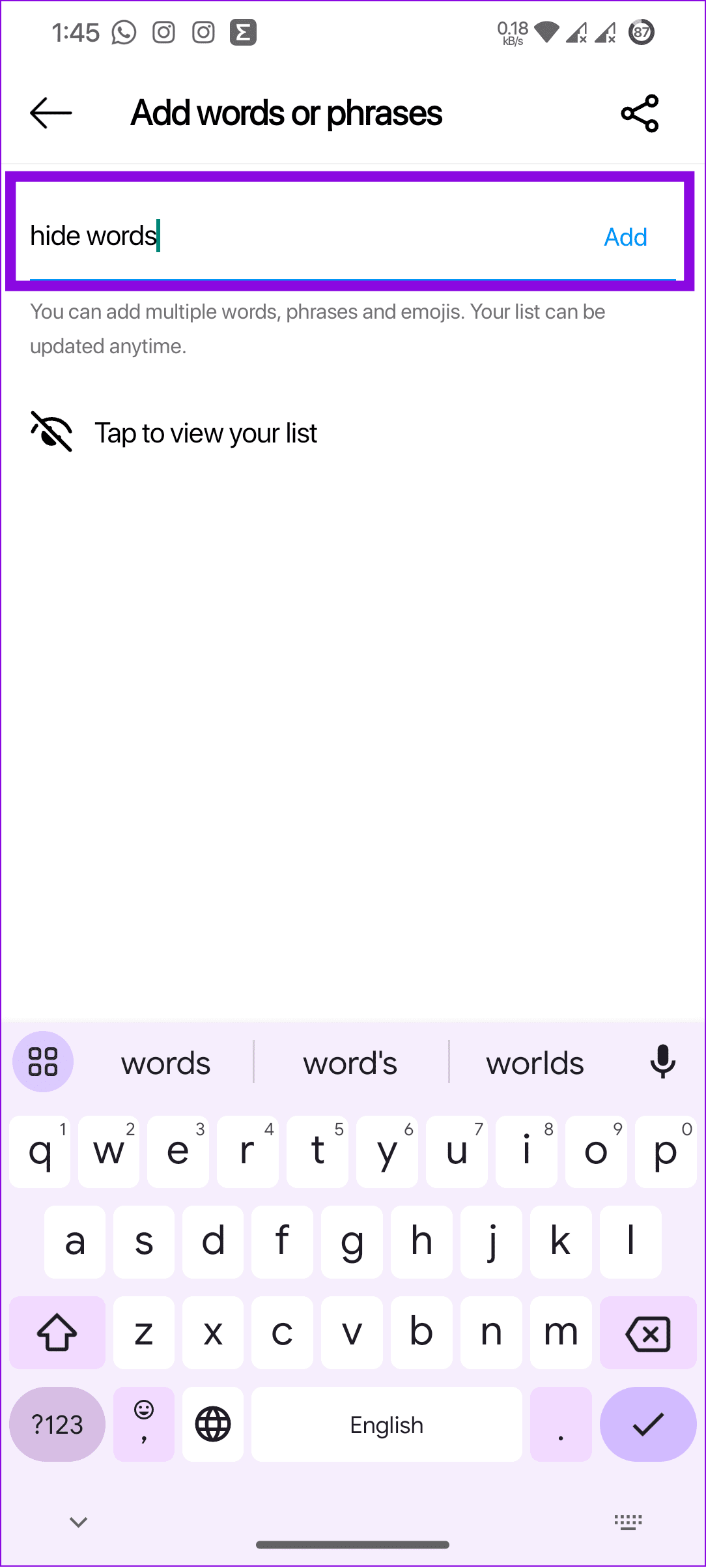add the words and choose add to confirm