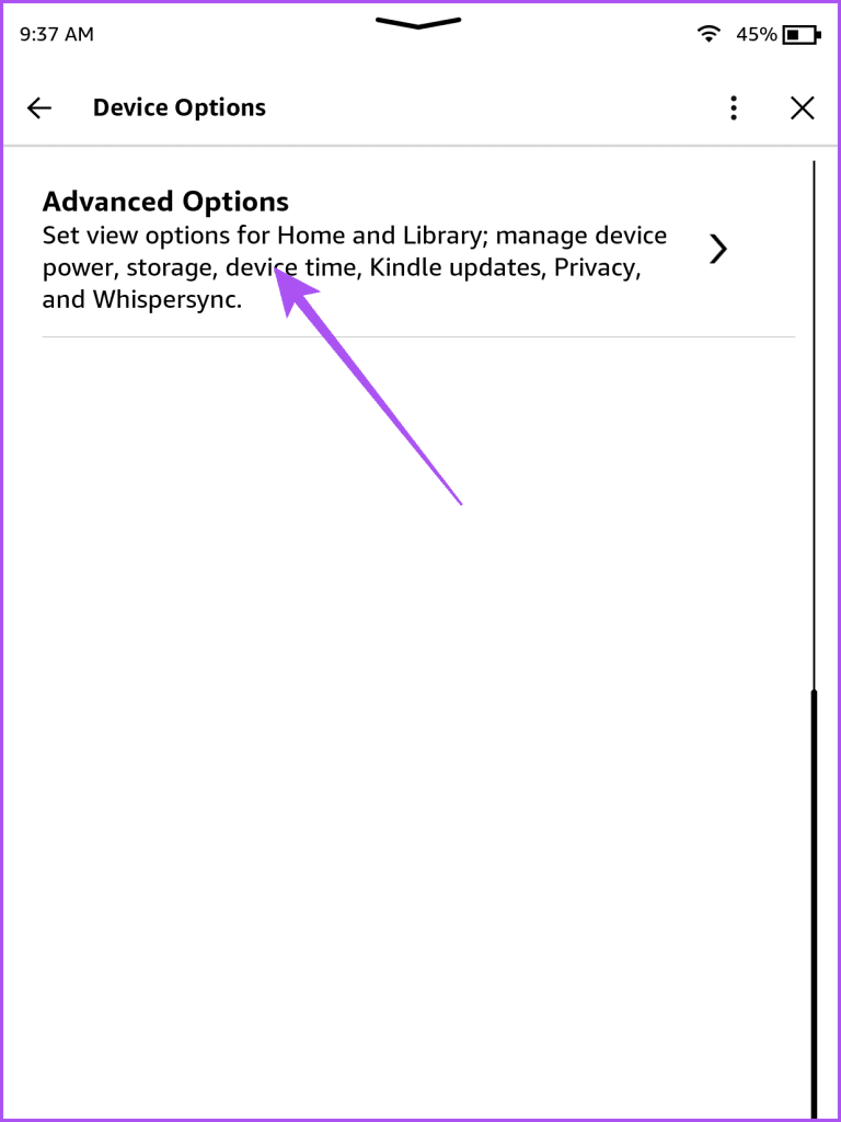 advanced options kindle settings device info