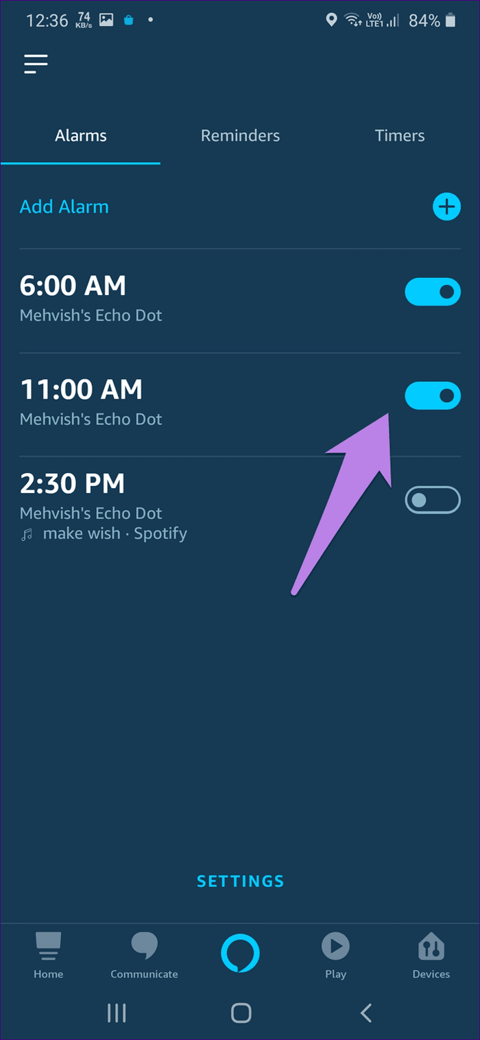 Alexa alarms on echo guide 10