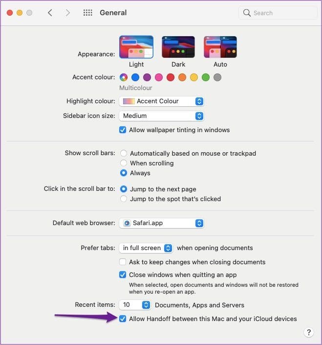 Allow handoff on mac device
