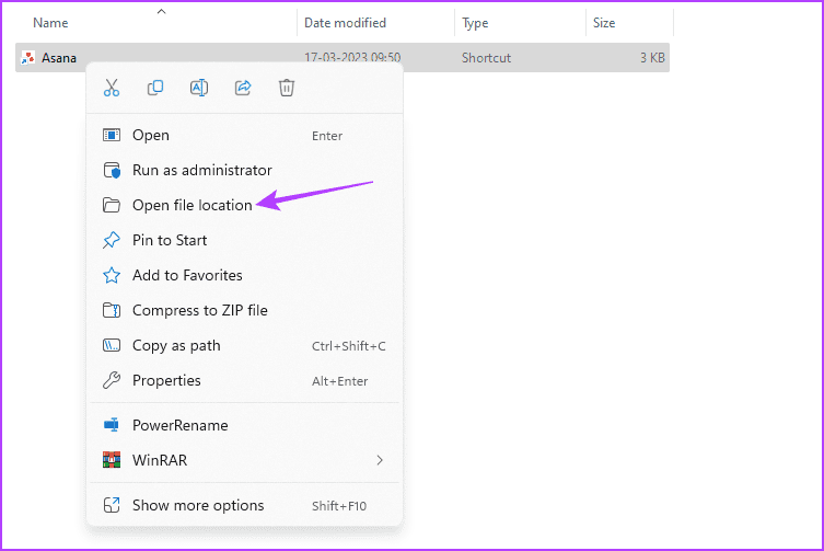 app shortcut in File Explorer