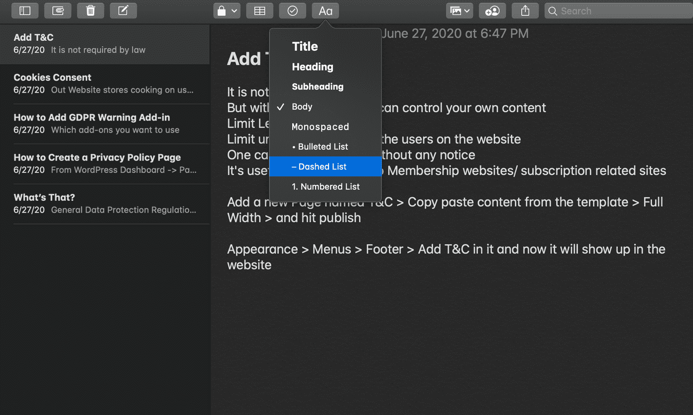Apple notes editor