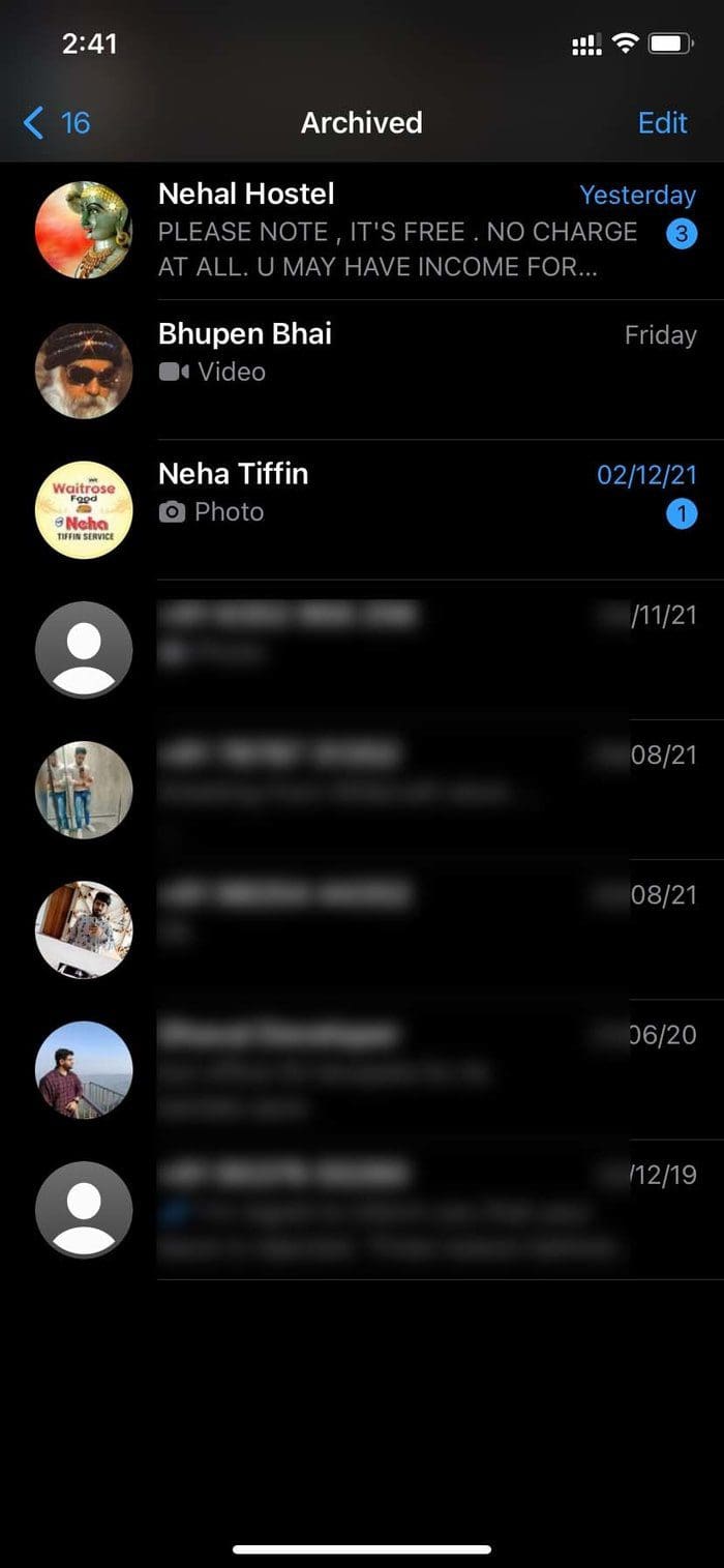 Archived chat menu