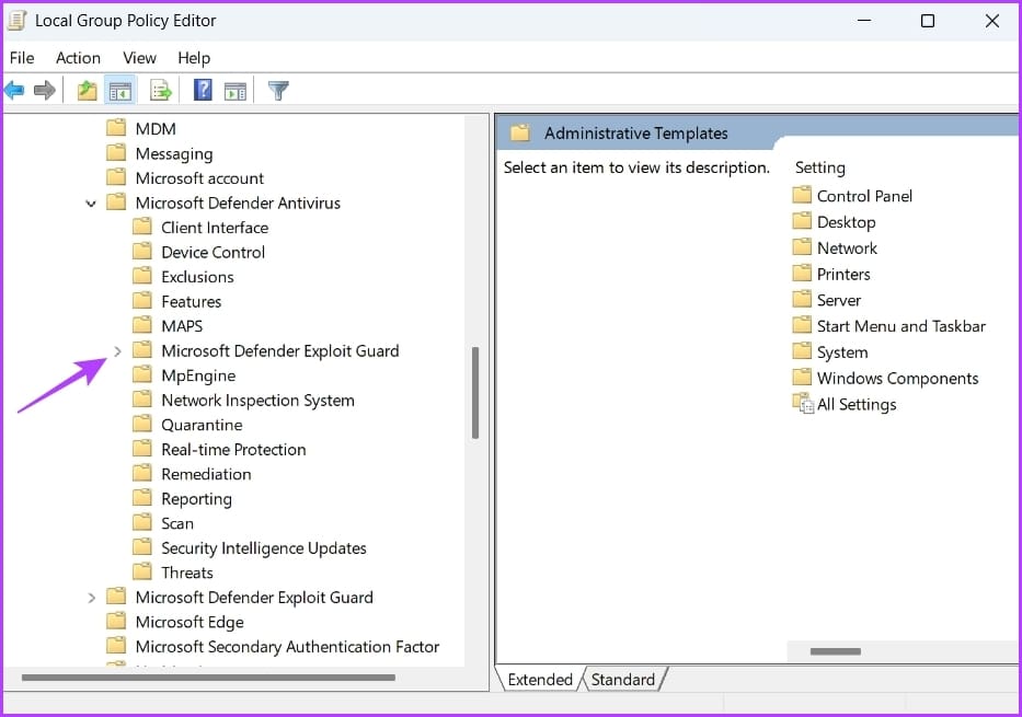 arrow before Microsoft Defender Exploit Guard in the Local Group Policy Editor