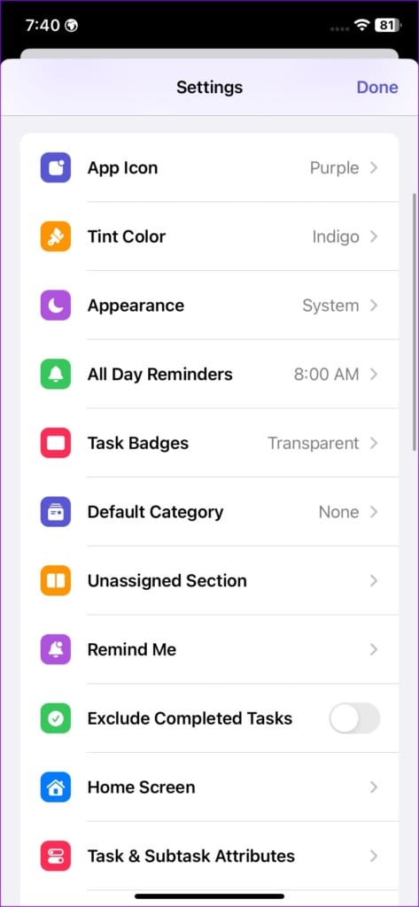 Doneit settings on iPhone