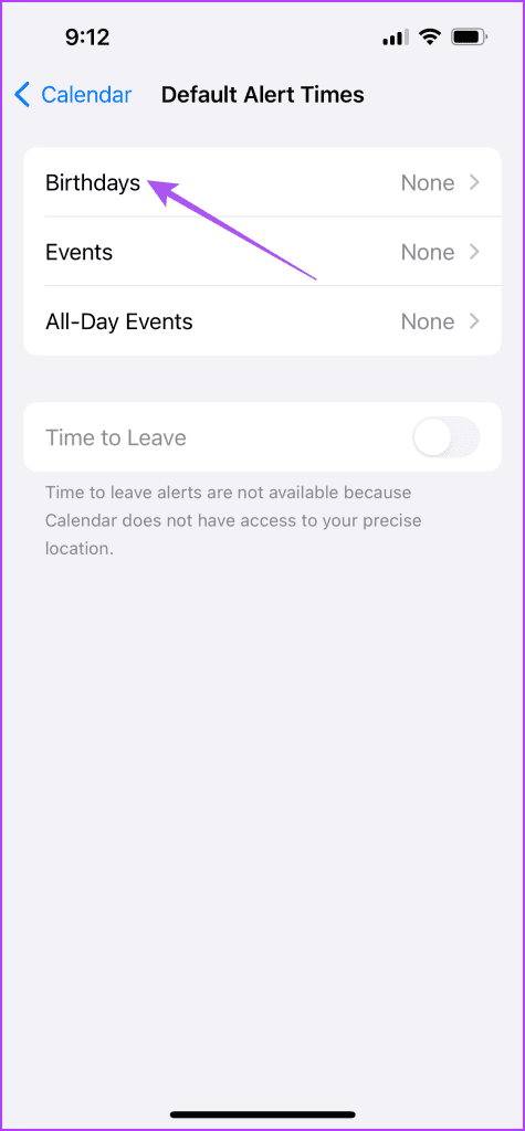 birthdays default alert times calendar settings iPhone