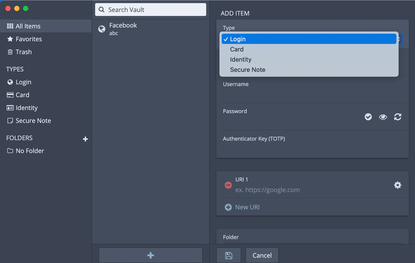 Bitwarden add new item