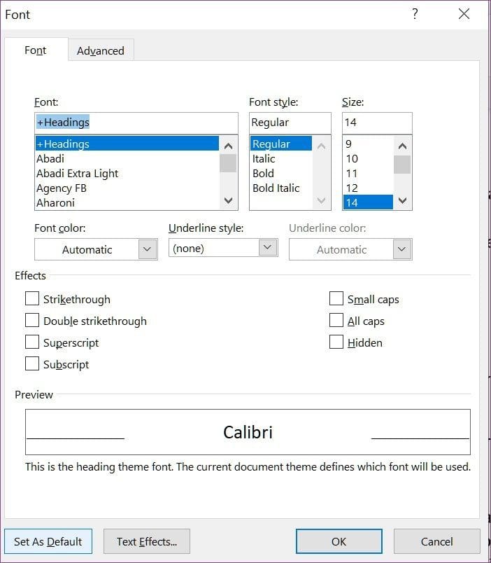 Change font menu