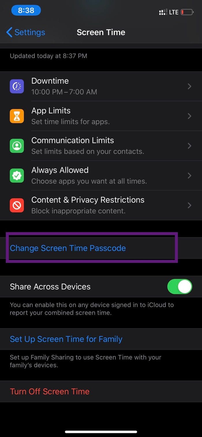 Change screen time passcode