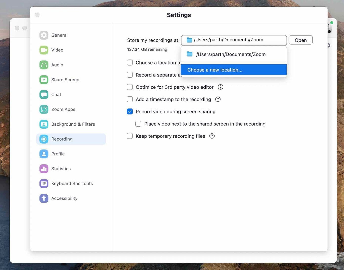 Change zoom recording location