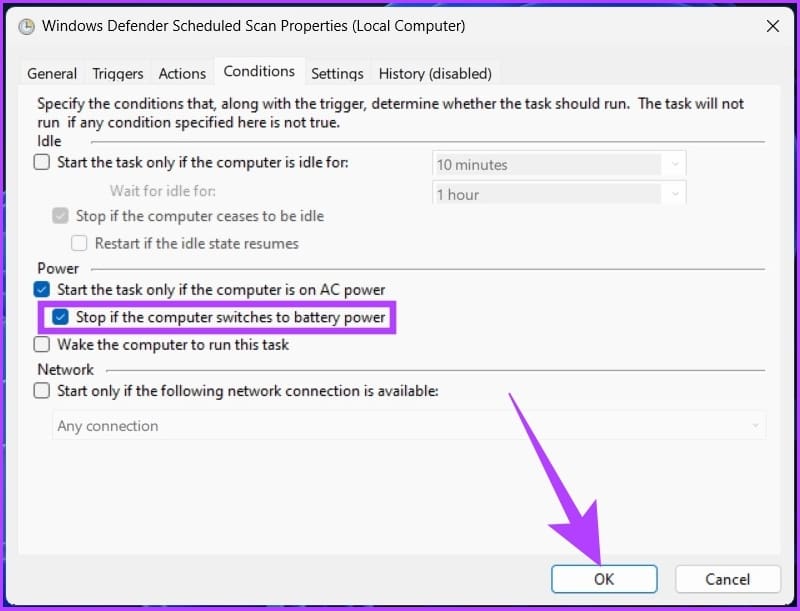 check 'Stop if the computer switches to battery power' option