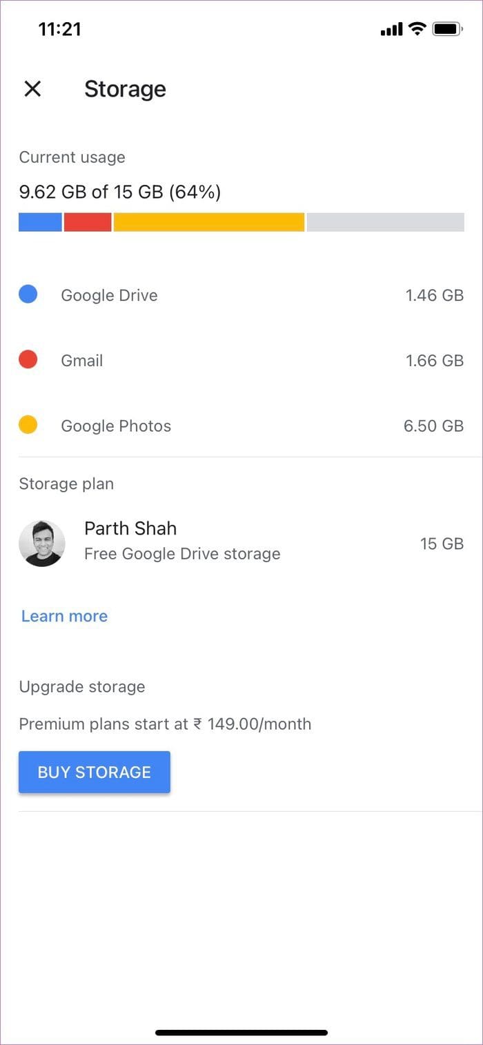 Check google one storage