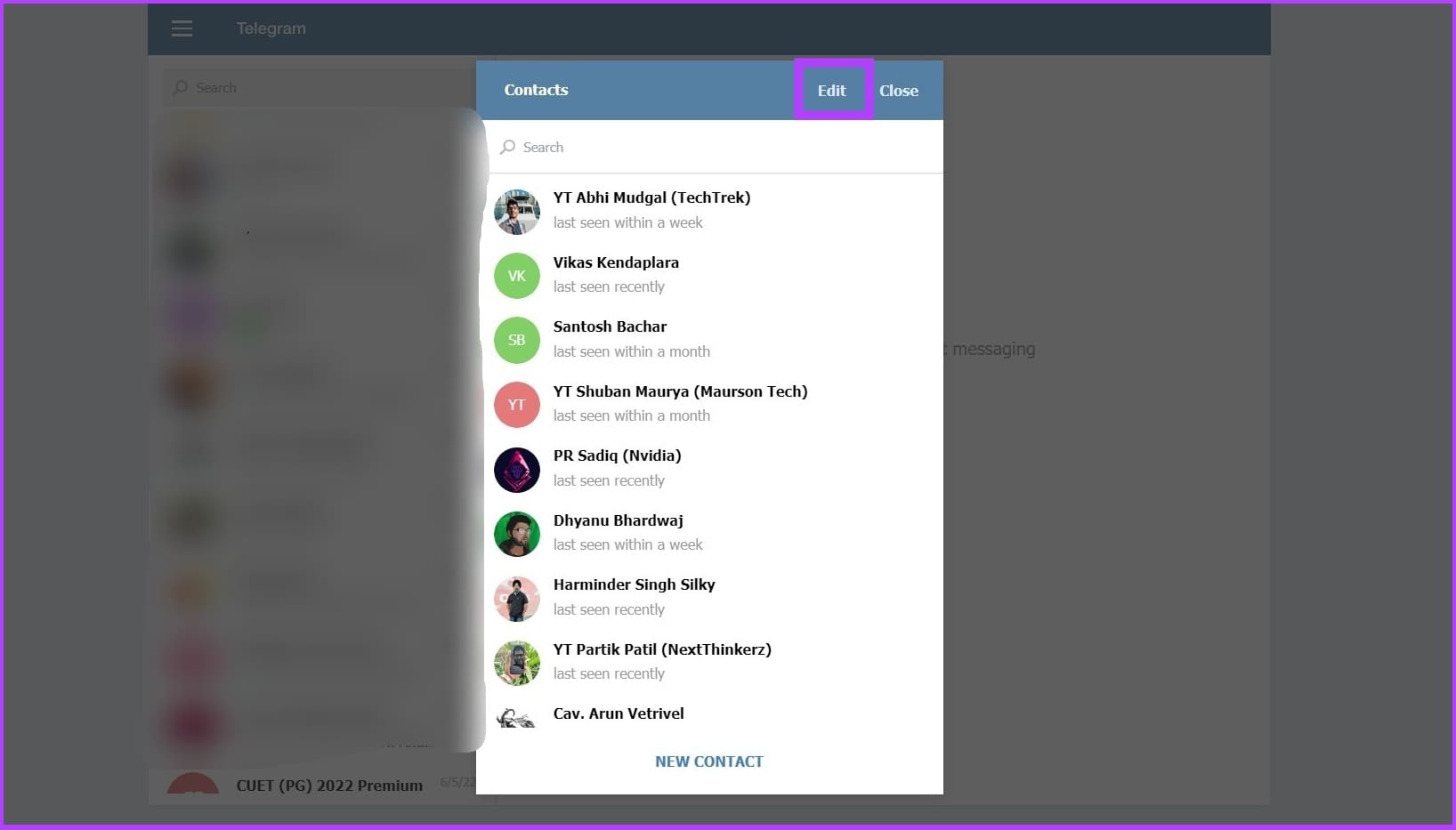 choose Edit and select the contacts you want to remove from Telegram