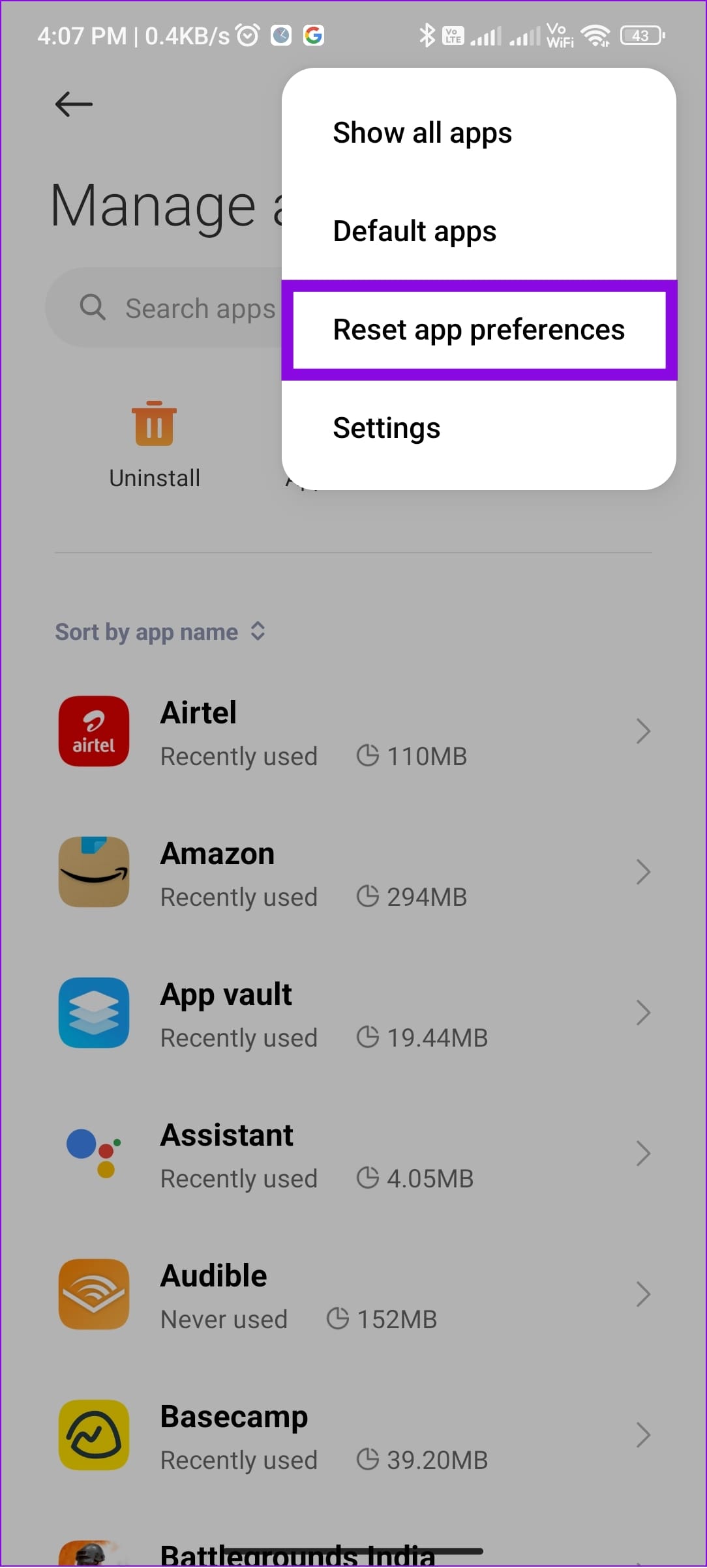 choose Reset app preferences
