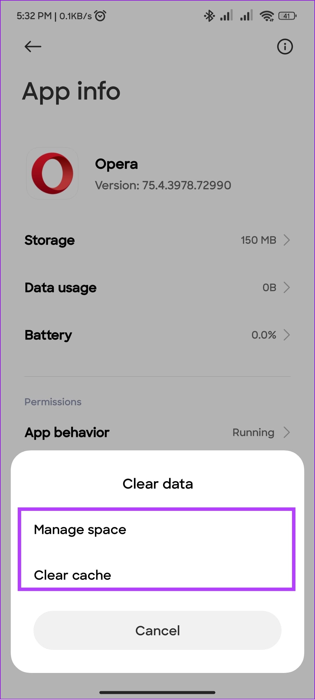 choose between manage cache and clear cache